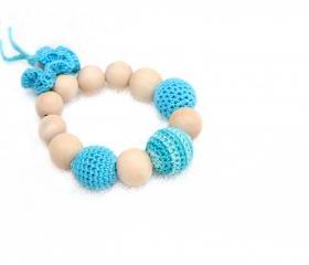  Aqua blue and turquoise Baby Teething toy with crochet wooden beads