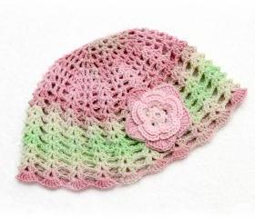  Crochet Baby Hat with Flower Applique, Crochet Summer Baby Girl Hat - old pink, apple green, baby pink